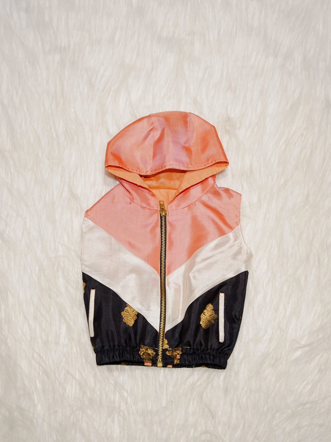 Peach Newborn Hooded Jacket with Zari Motifs