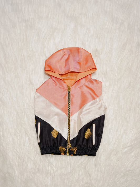 Peach Newborn Hooded Jacket with Zari Motifs