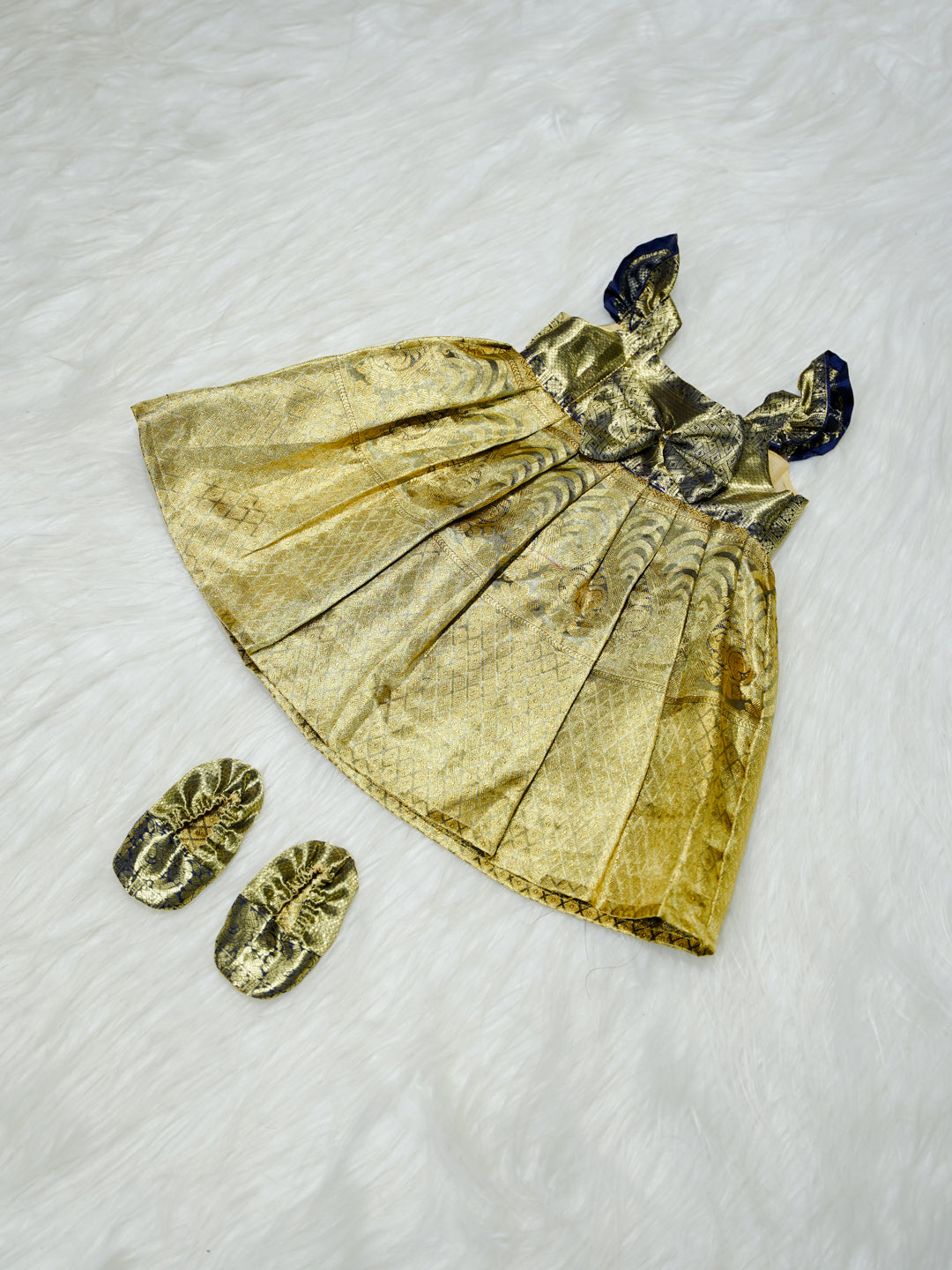 Gold & Navy Kanchipuram Silk Baby Gown with Bow