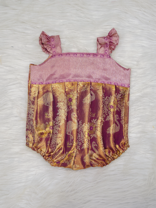 Dusty Rose & Maroon Kanchipuram Silk Peacock Brocade Romper