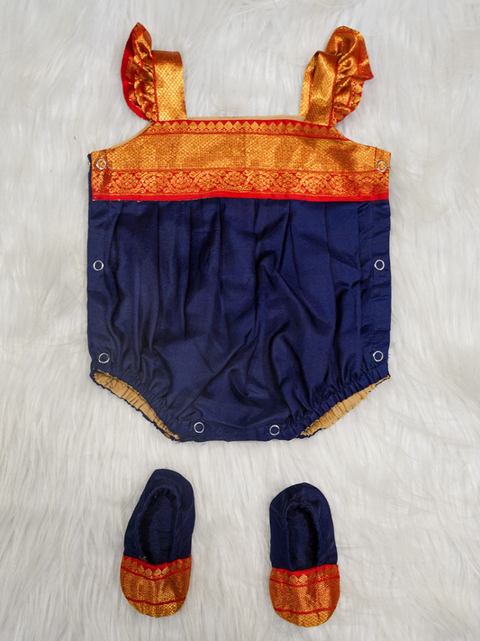Royal Blue & Gold Silk Newborn Romper Set