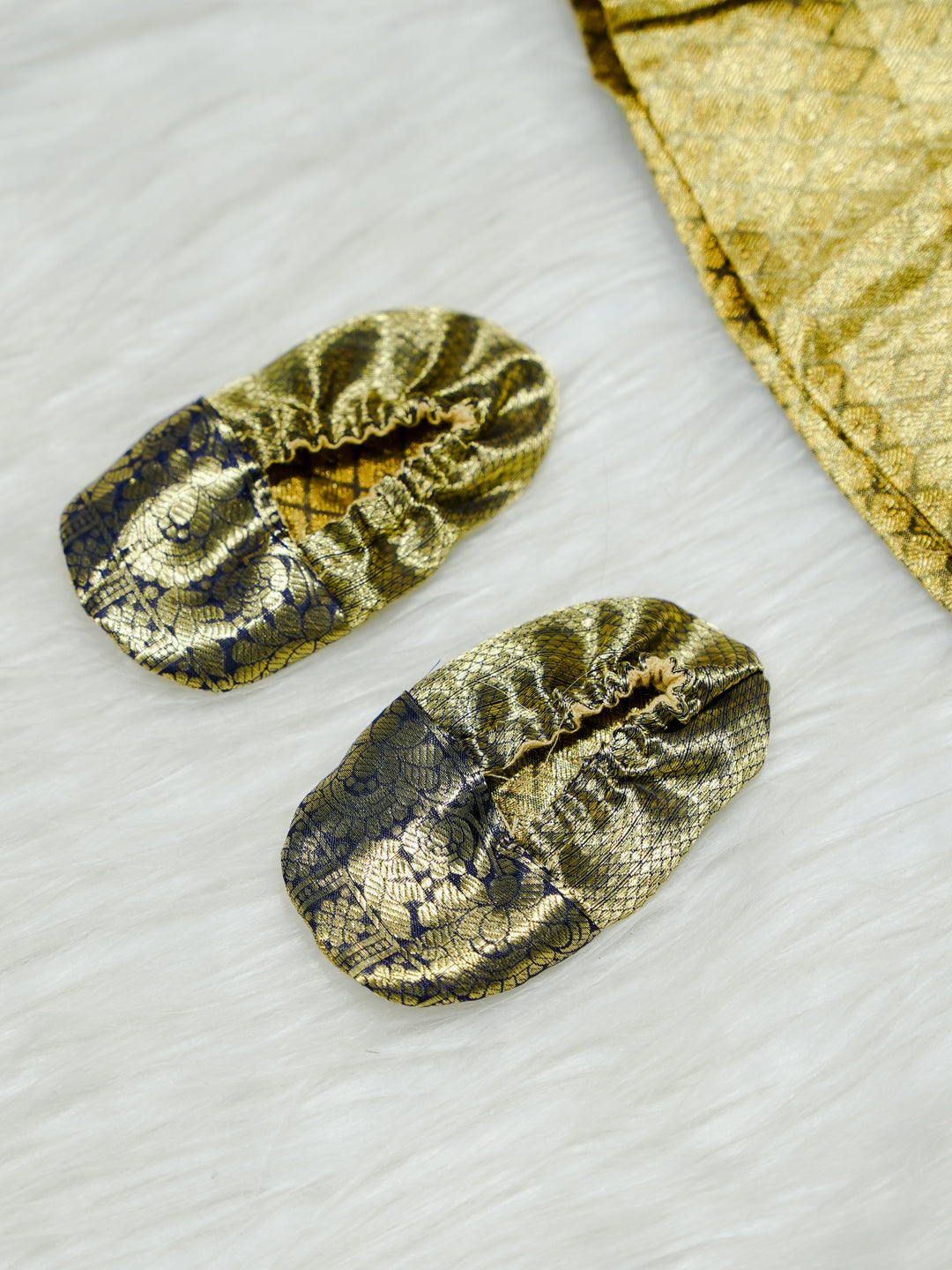 Gold & Navy Kanchipuram Silk Baby Gown with Bow