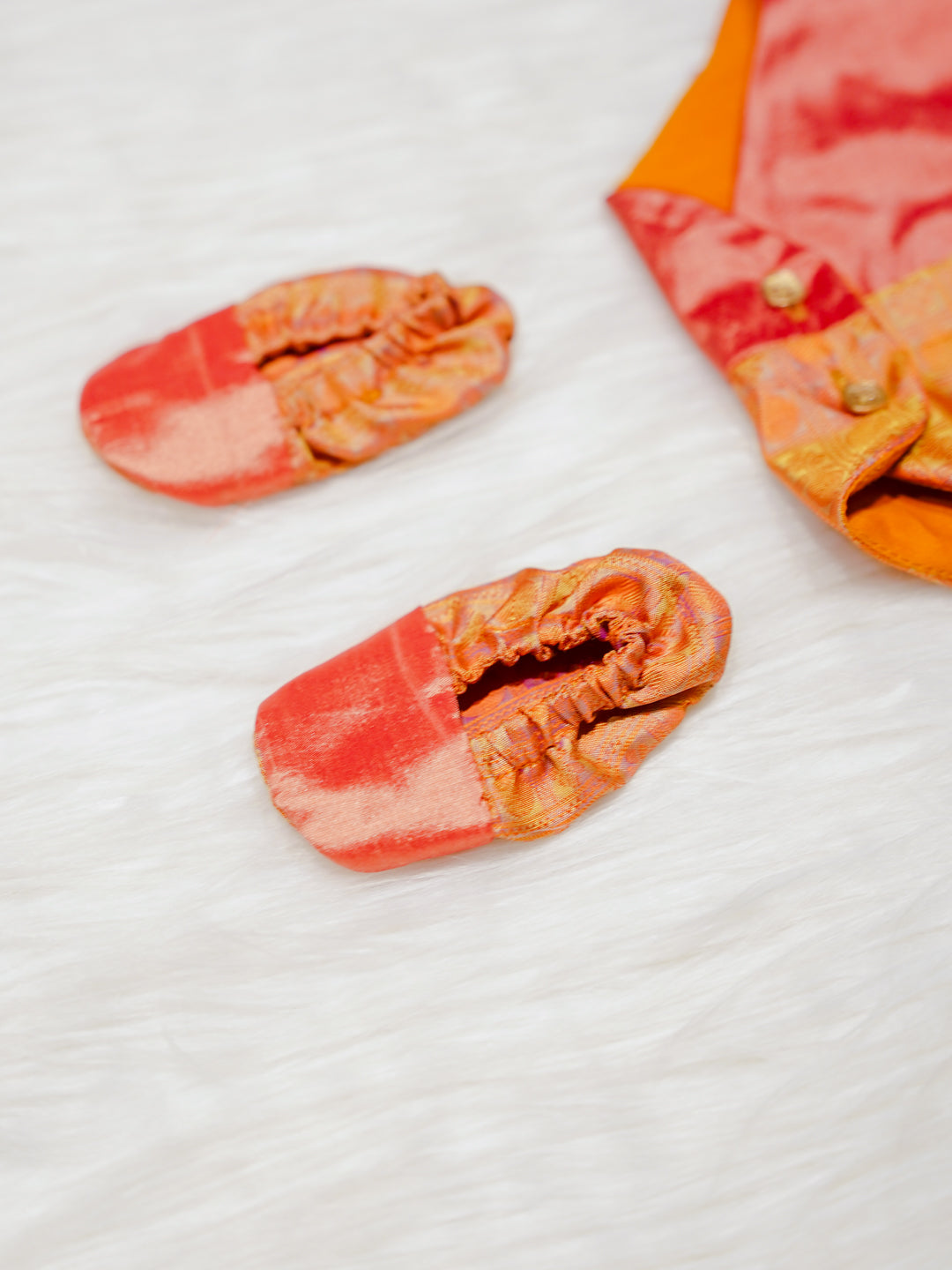 Coral Orange Kanchipuram Silk Shirt-Style Baby Romper with Shoes