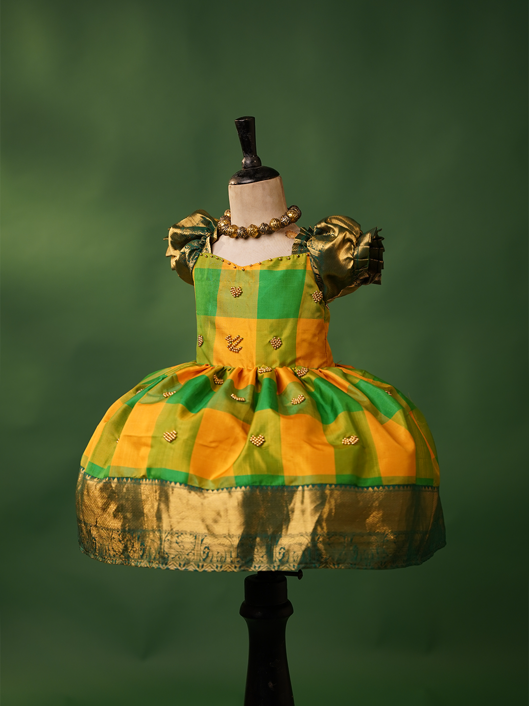 Kids Yellow & Green Pure Silk Dress with Gold Zari Border – Checked Traditional Attire