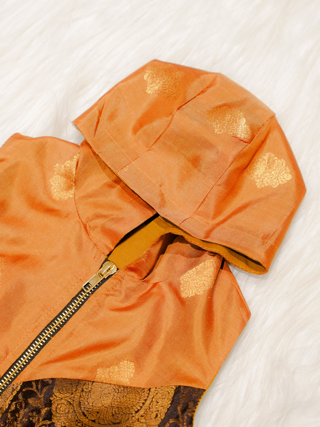 Mustard Orange Newborn Unisex Hooded Jacket with Zari Motifs