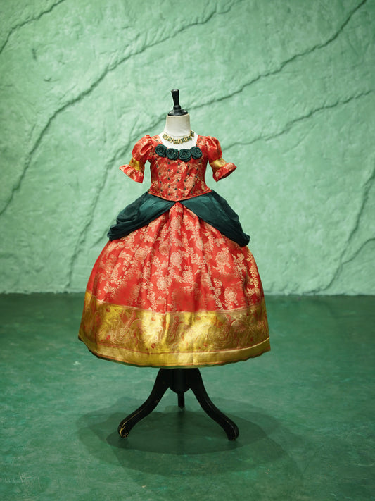 Cinderella-Inspired Red & Gold Fairytale Gown for Girls