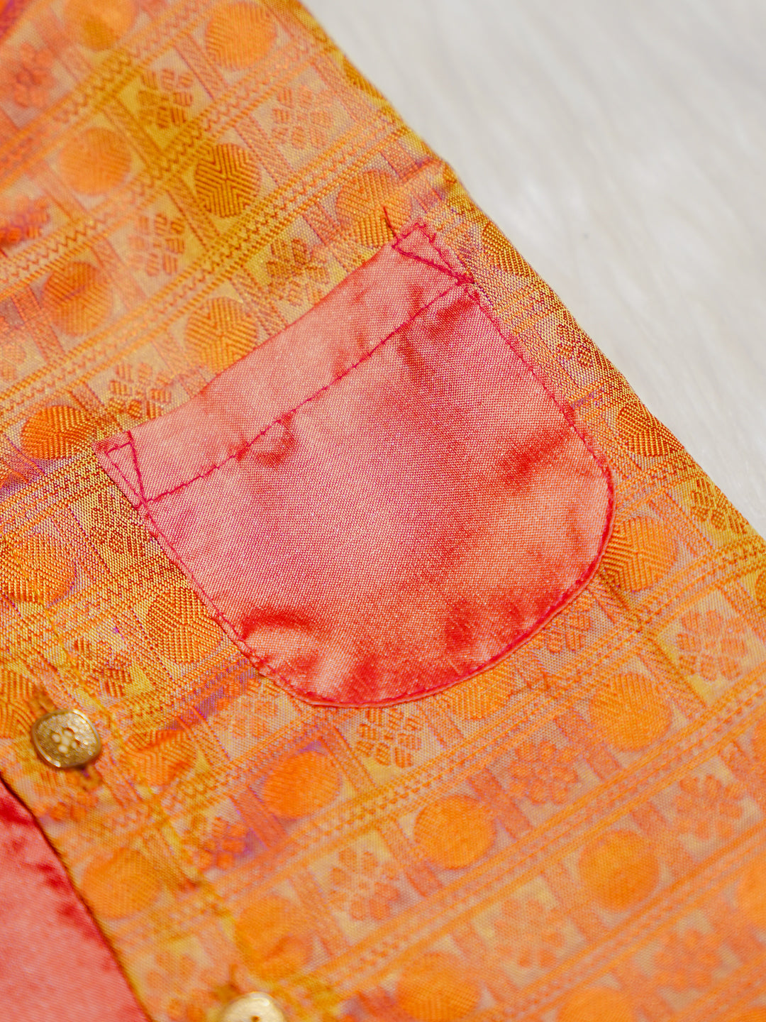 Coral Orange Kanchipuram Silk Shirt-Style Baby Romper with Shoes