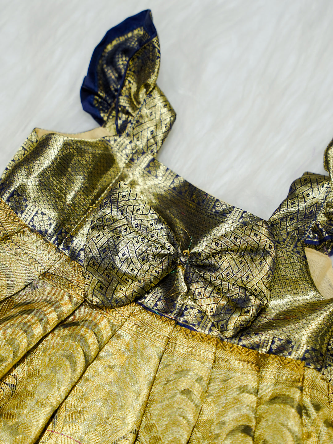 Gold & Navy Kanchipuram Silk Baby Gown with Bow