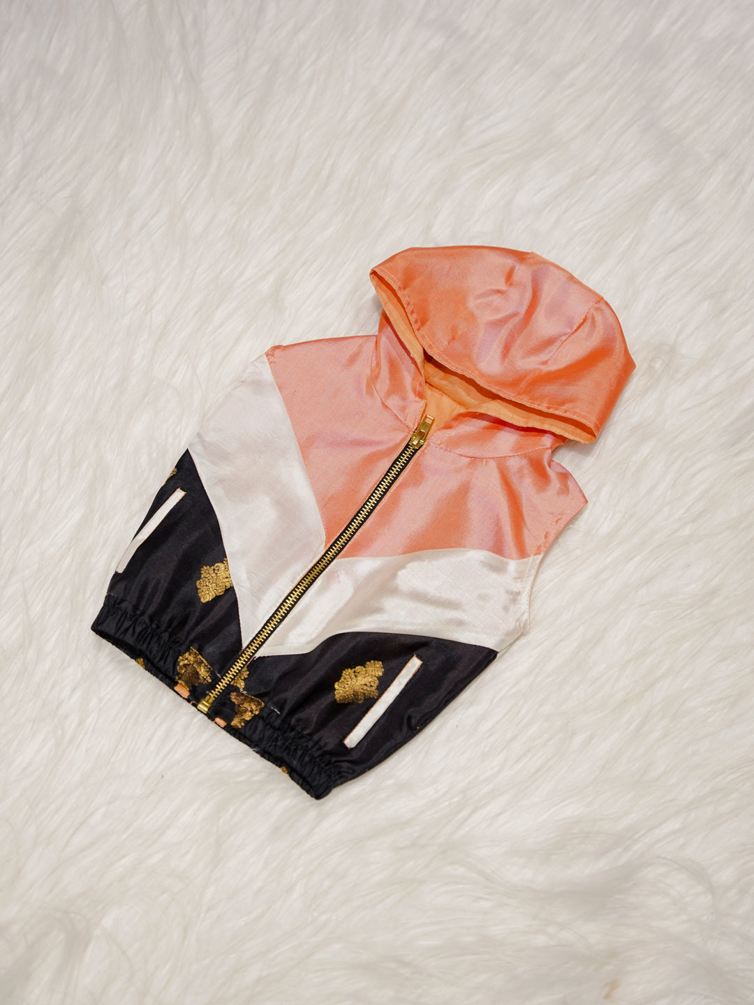 Peach Newborn Hooded Jacket with Zari Motifs