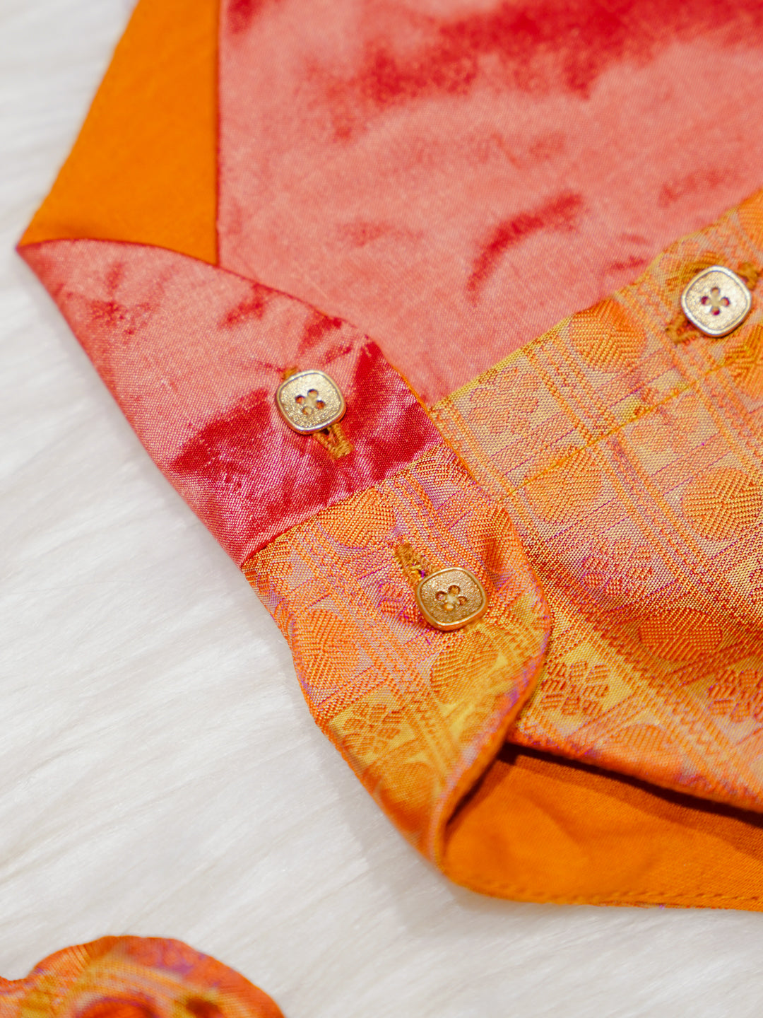 Coral Orange Kanchipuram Silk Shirt-Style Baby Romper with Shoes