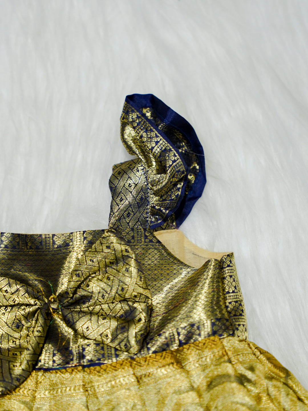 Gold & Navy Kanchipuram Silk Baby Gown with Bow