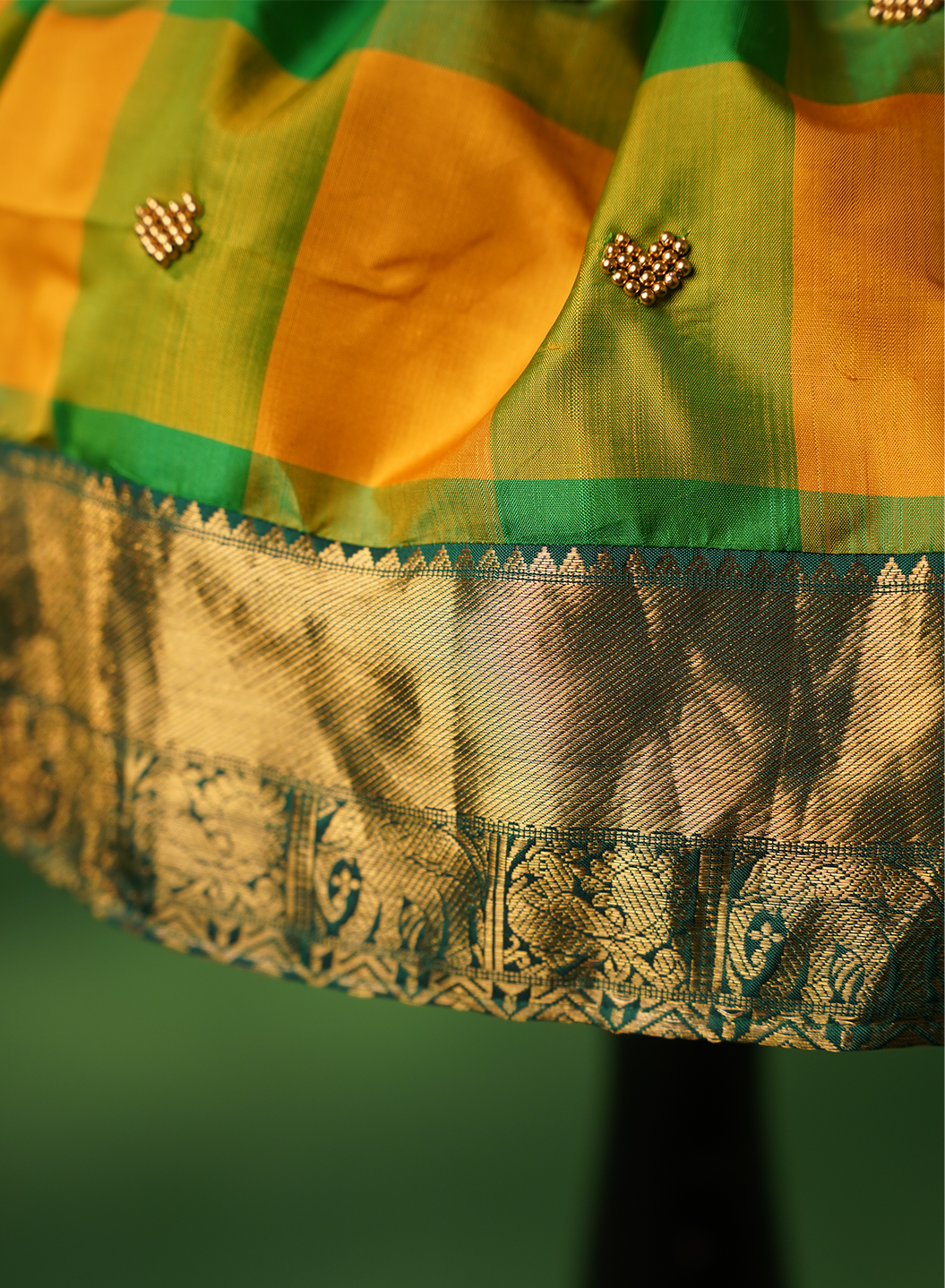 Kids Yellow & Green Pure Silk Dress with Gold Zari Border – Checked Traditional Attire