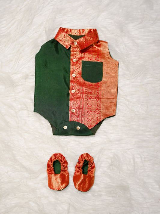 Green Boy Romper with Zari Contrast