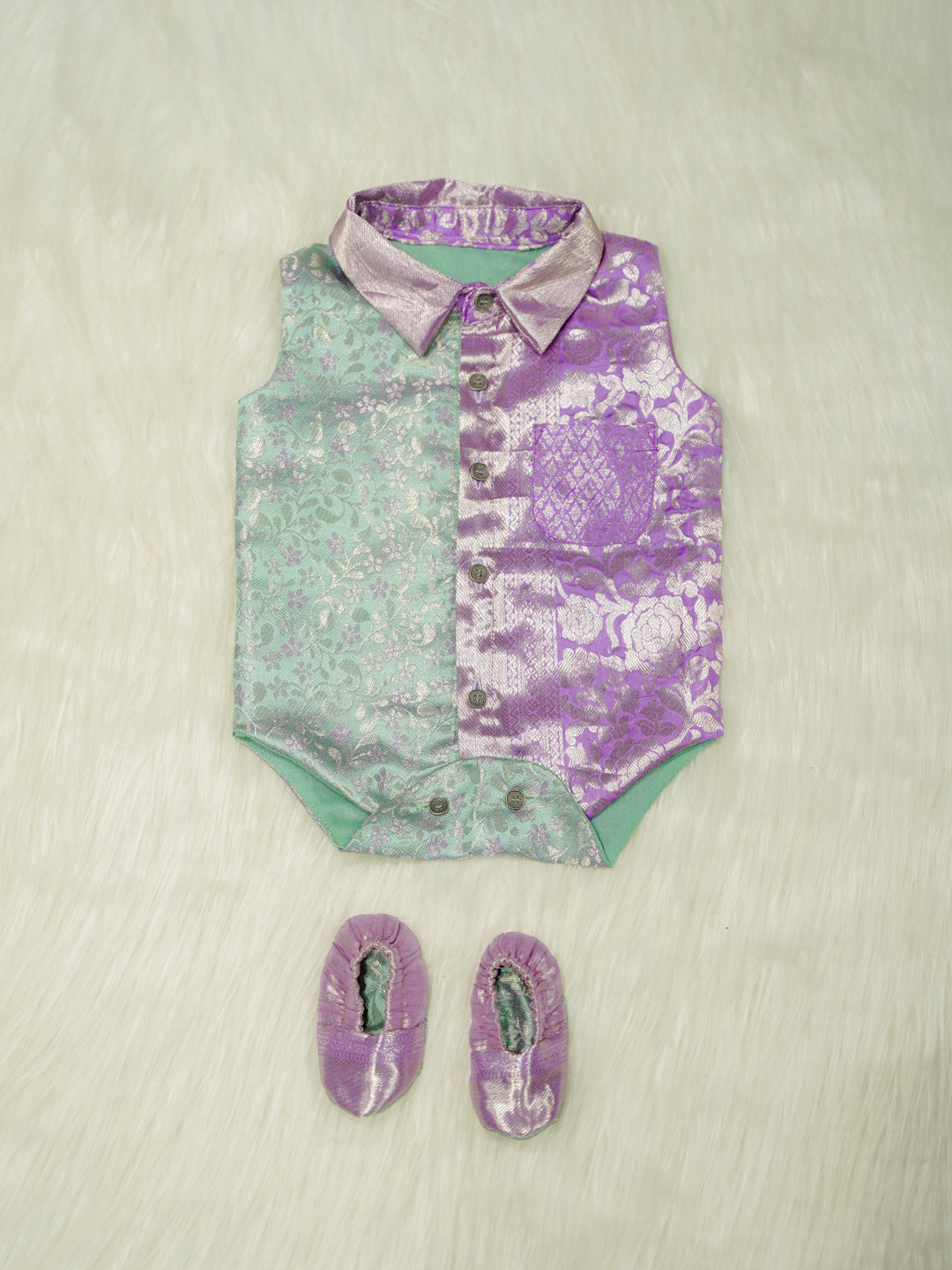 Mint Purple Brocade Baby Boy Romper