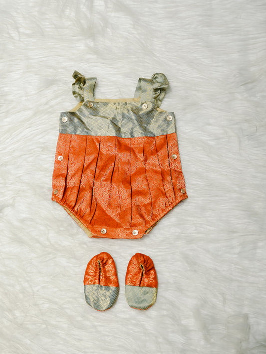 Silver Grey & Coral Orange Newborn Girl Romper