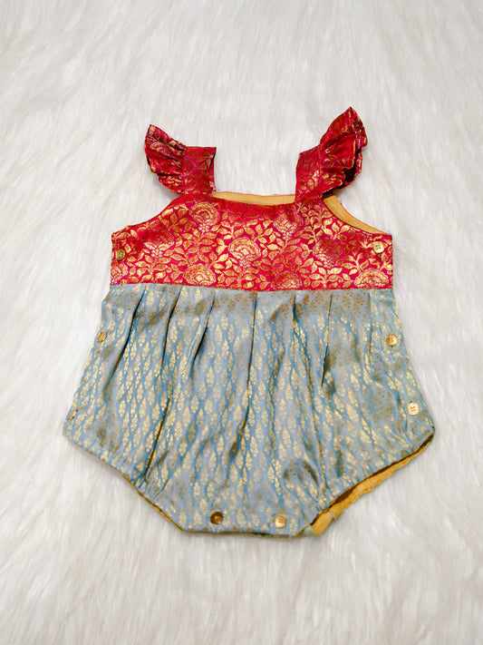Sky Blue Newborn Girl Romper with Red Floral Yoke