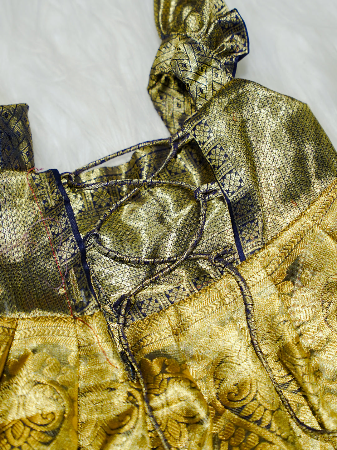 Gold & Navy Kanchipuram Silk Baby Gown with Bow