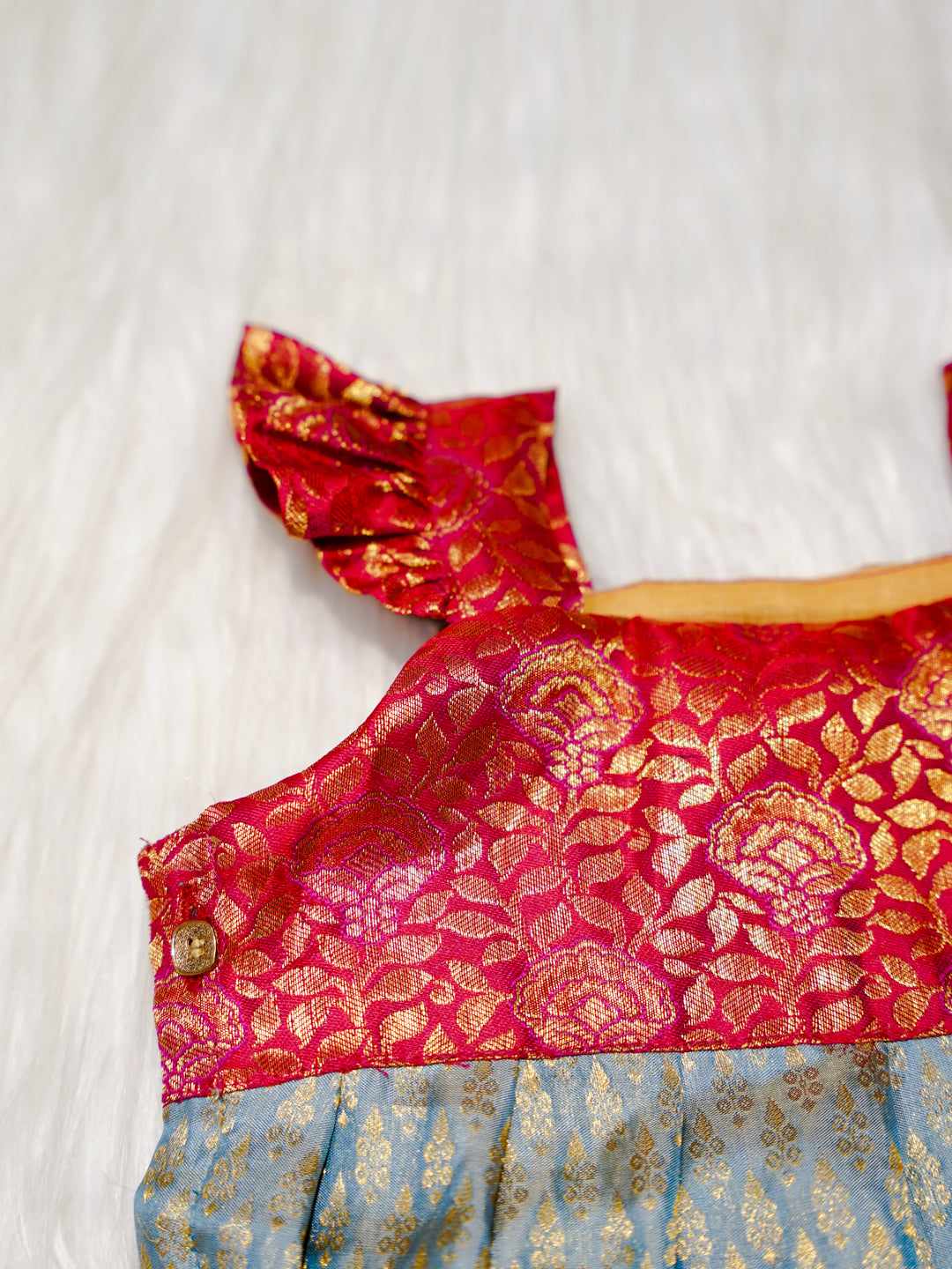 Sky Blue Newborn Girl Romper with Red Floral Yoke