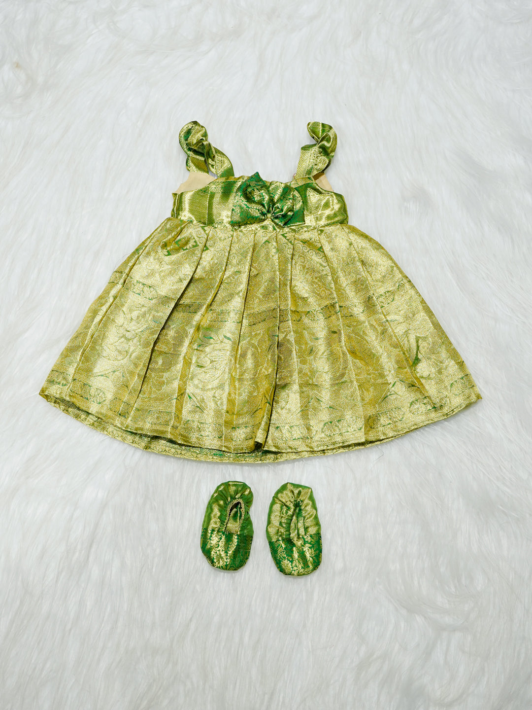 Parrot Green Kanchipuram Silk Baby Gown with Bow