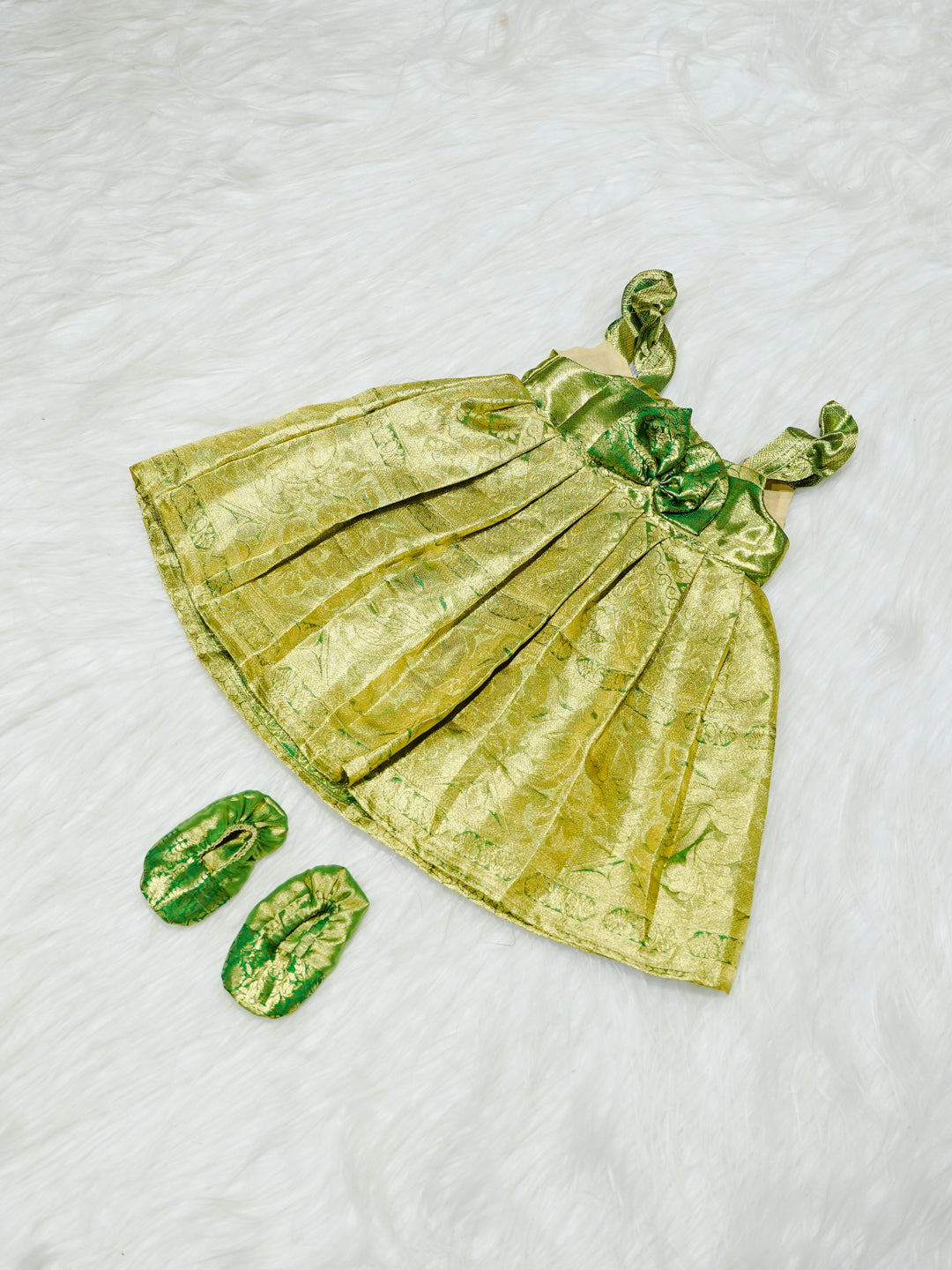 Parrot Green Kanchipuram Silk Baby Gown with Bow