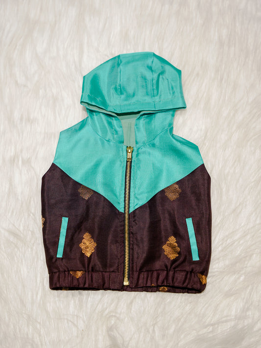 Aqua Blue Newborn Hooded Jacket with Zari Motifs
