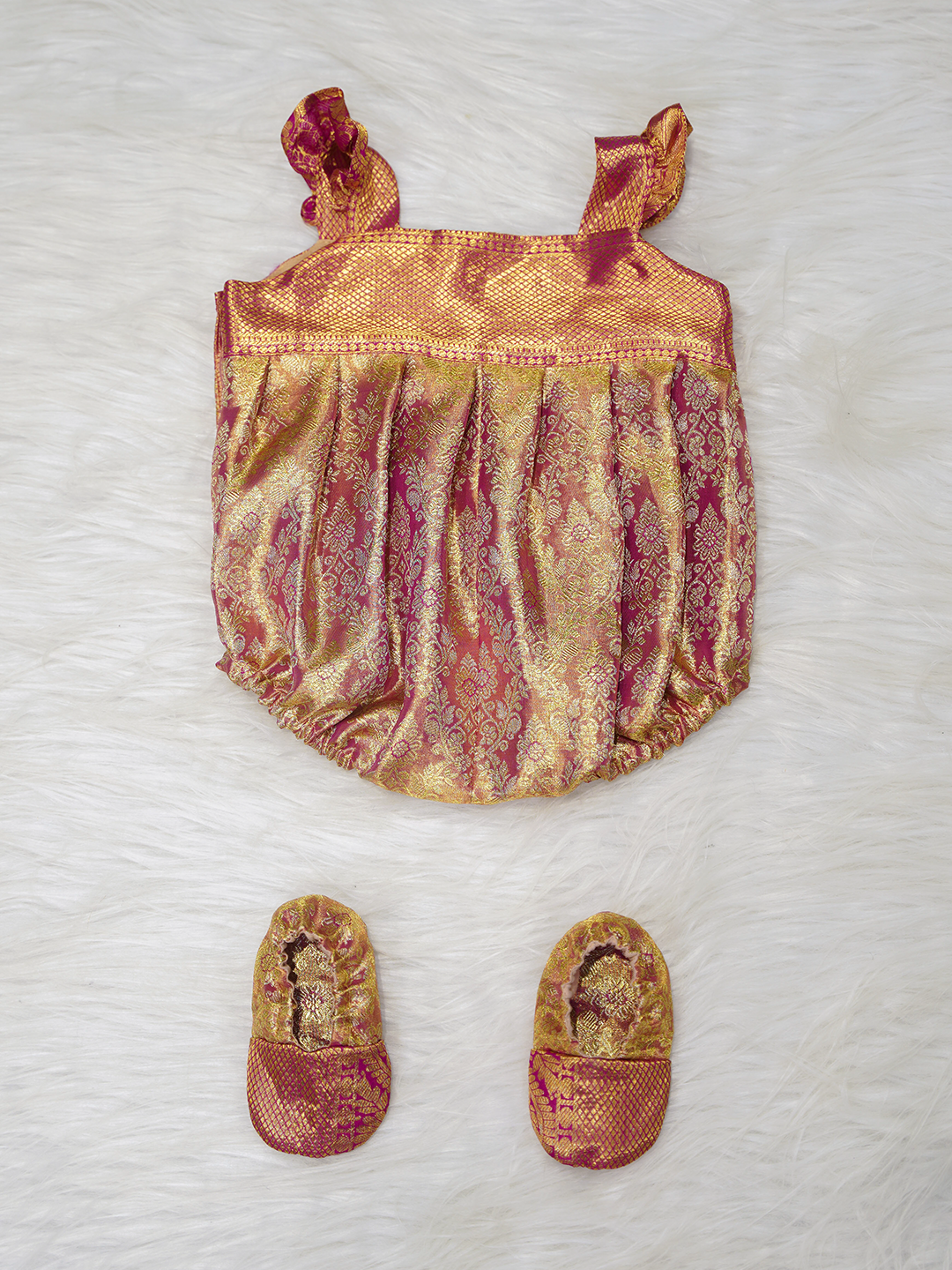 Rani Pink & Gold Kanchipuram Silk Brocade Romper Set