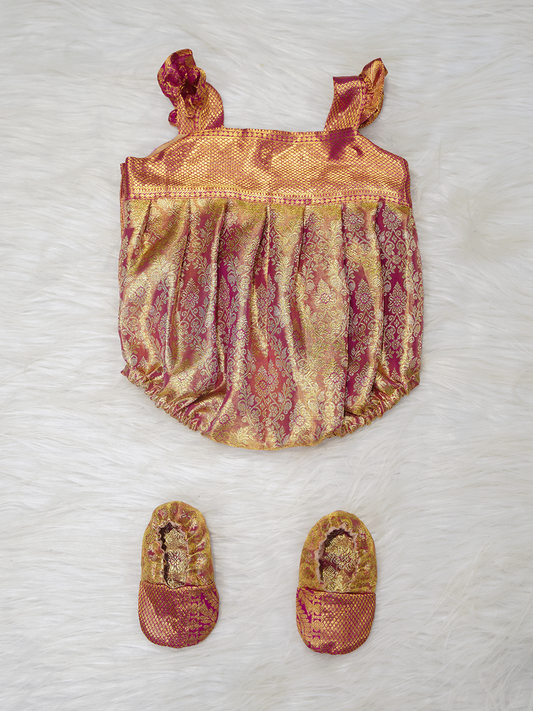 Rani Pink & Gold Kanchipuram Silk Brocade Romper Set