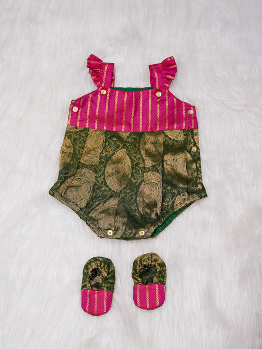 Rani Pink Newborn Silk Romper with Green Zari Body