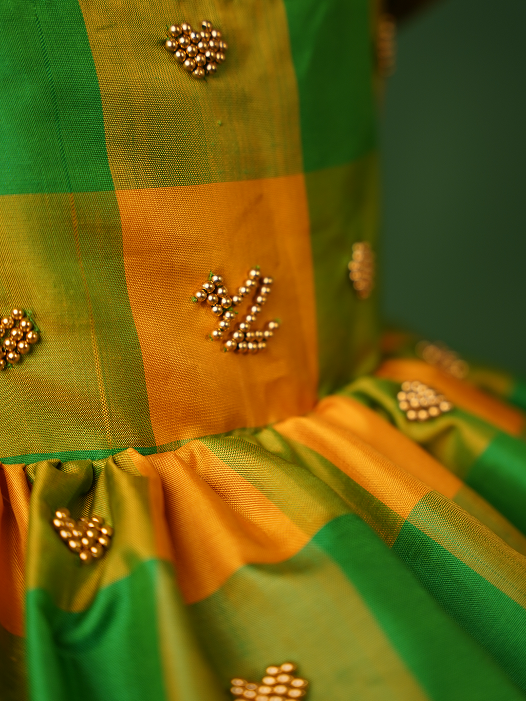 Kids Yellow & Green Pure Silk Dress with Gold Zari Border – Checked Traditional Attire