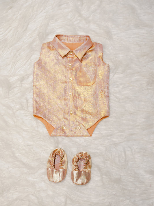 Peach Gold Boy Romper with Zari Motif