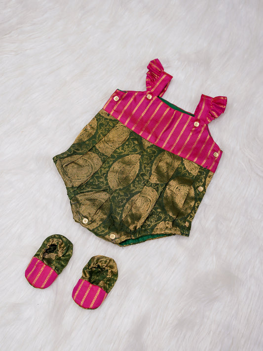 Rani Pink Newborn Silk Romper with Green Zari Body
