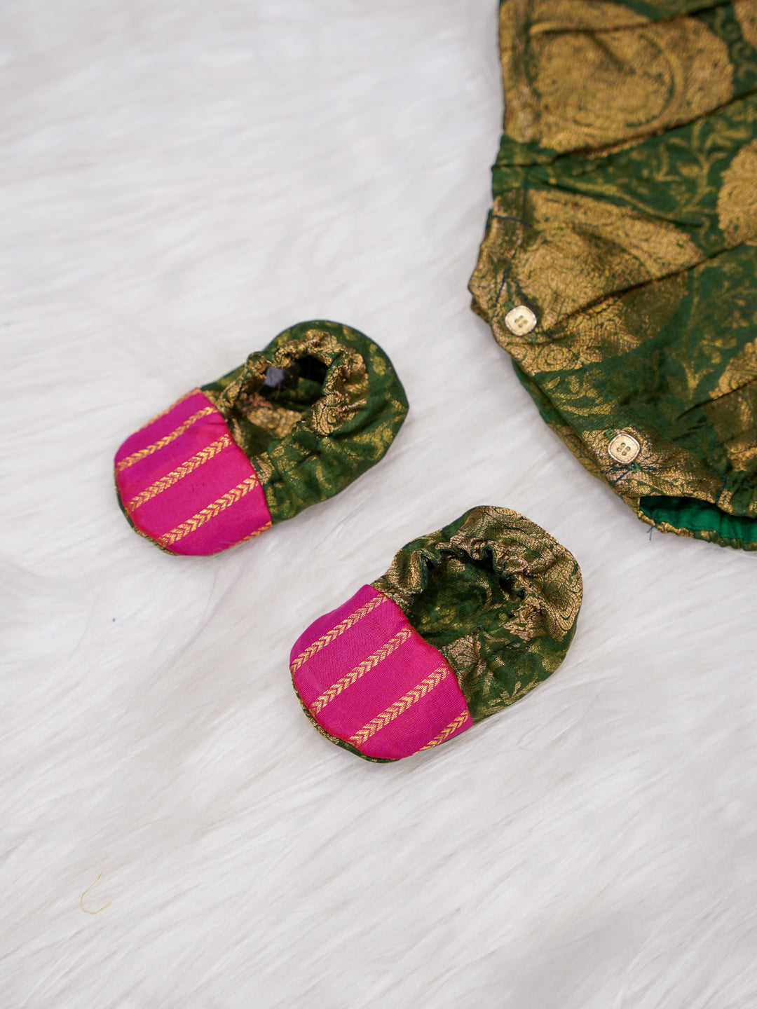 Rani Pink Newborn Silk Romper with Green Zari Body