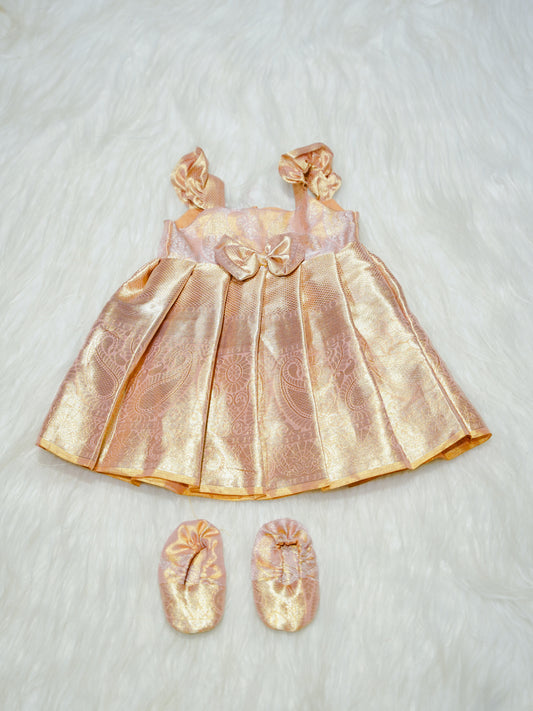 Blush Pink Kanchipuram Silk Baby Gown with Bow