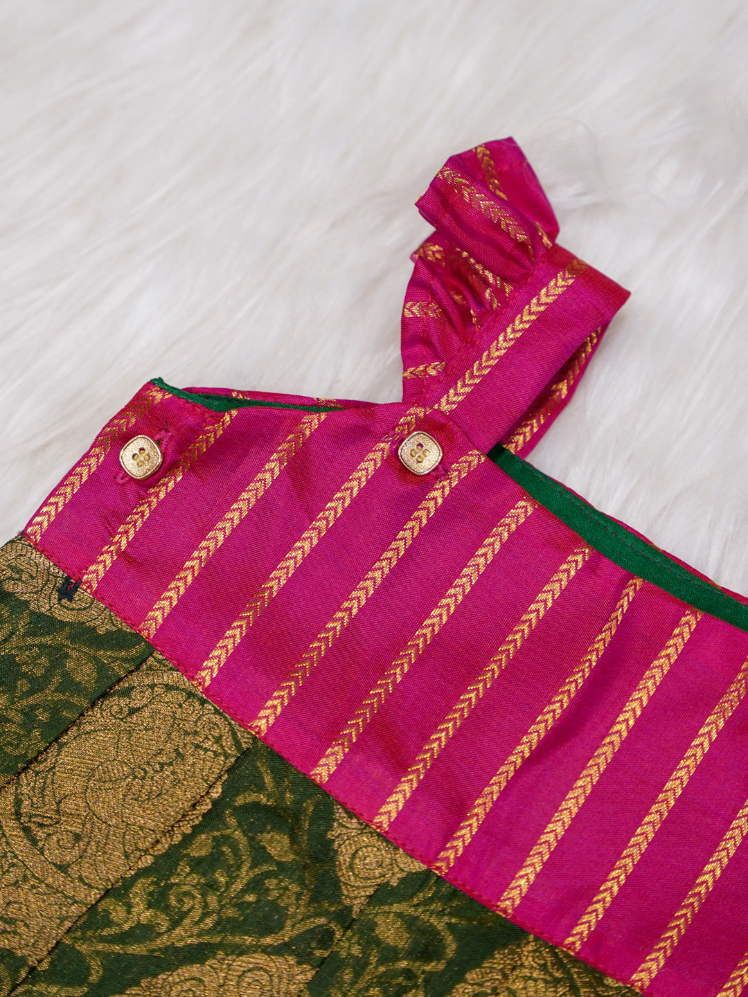 Rani Pink Newborn Silk Romper with Green Zari Body