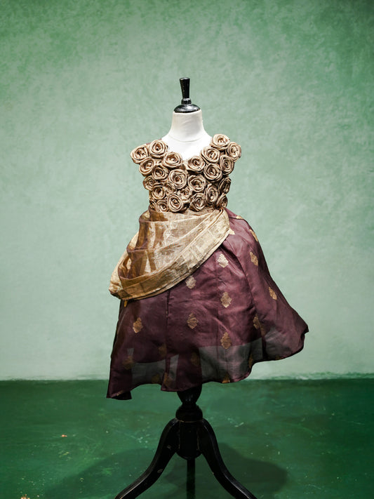 Rosette Embellished Plum Silk Party Gown