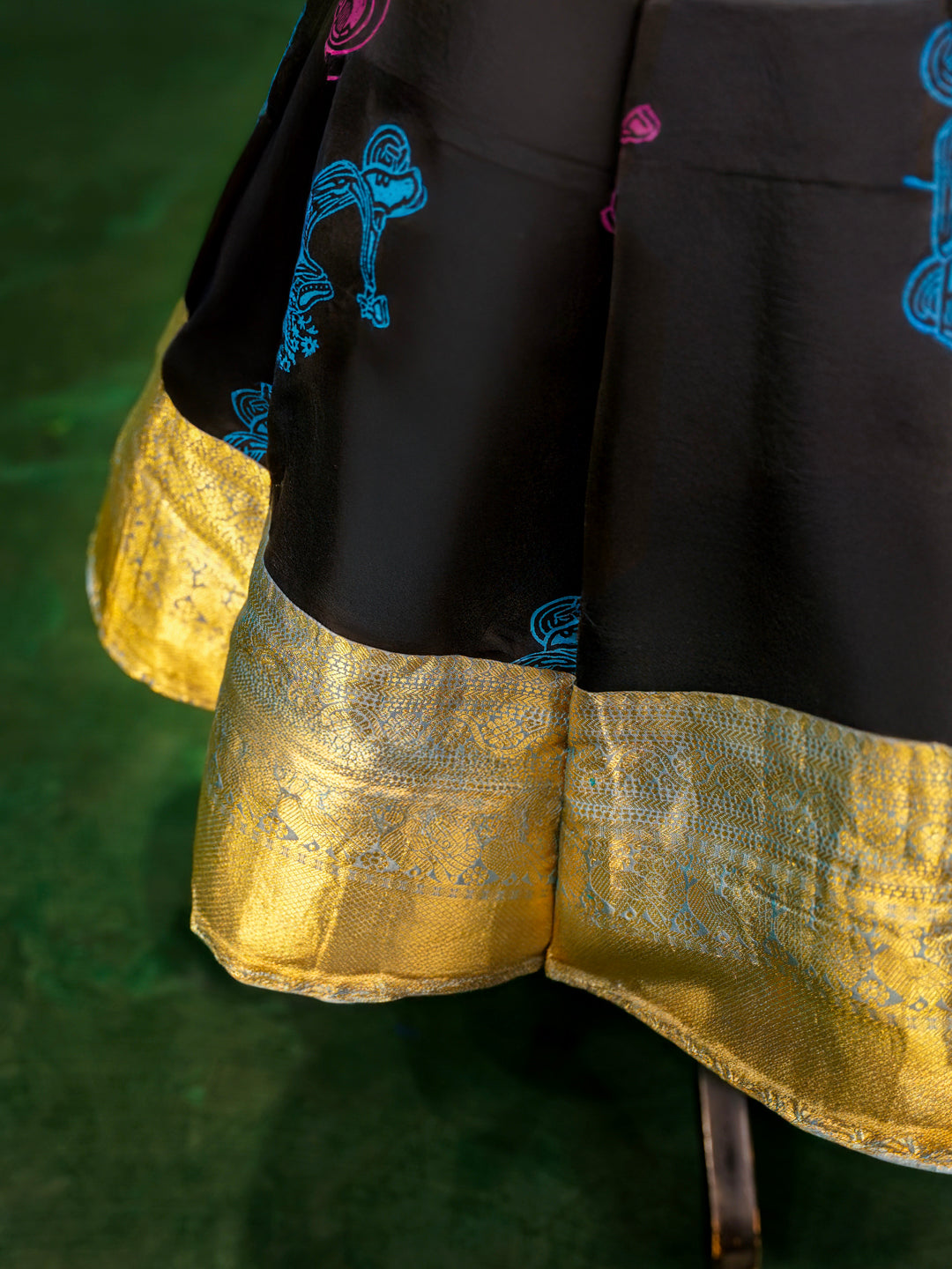 Black & Multicolor Floral Motif Kanchipuram Kids Gown with Golden Zari Border