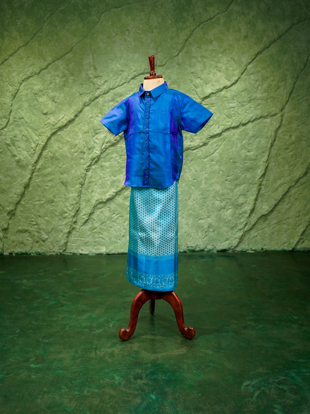Blue Kids Vesti & Shirt Set — Pure Kanchipuram Silk with Zari Border