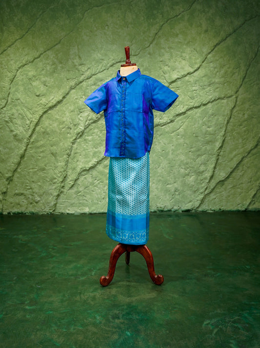 Blue Kids Vesti & Shirt Set — Pure Kanchipuram Silk with Zari Border