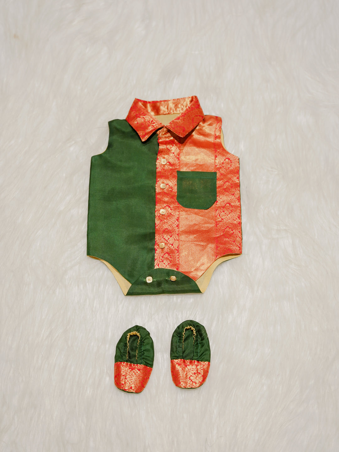 Green Orange Boy Romper with Zari Panel