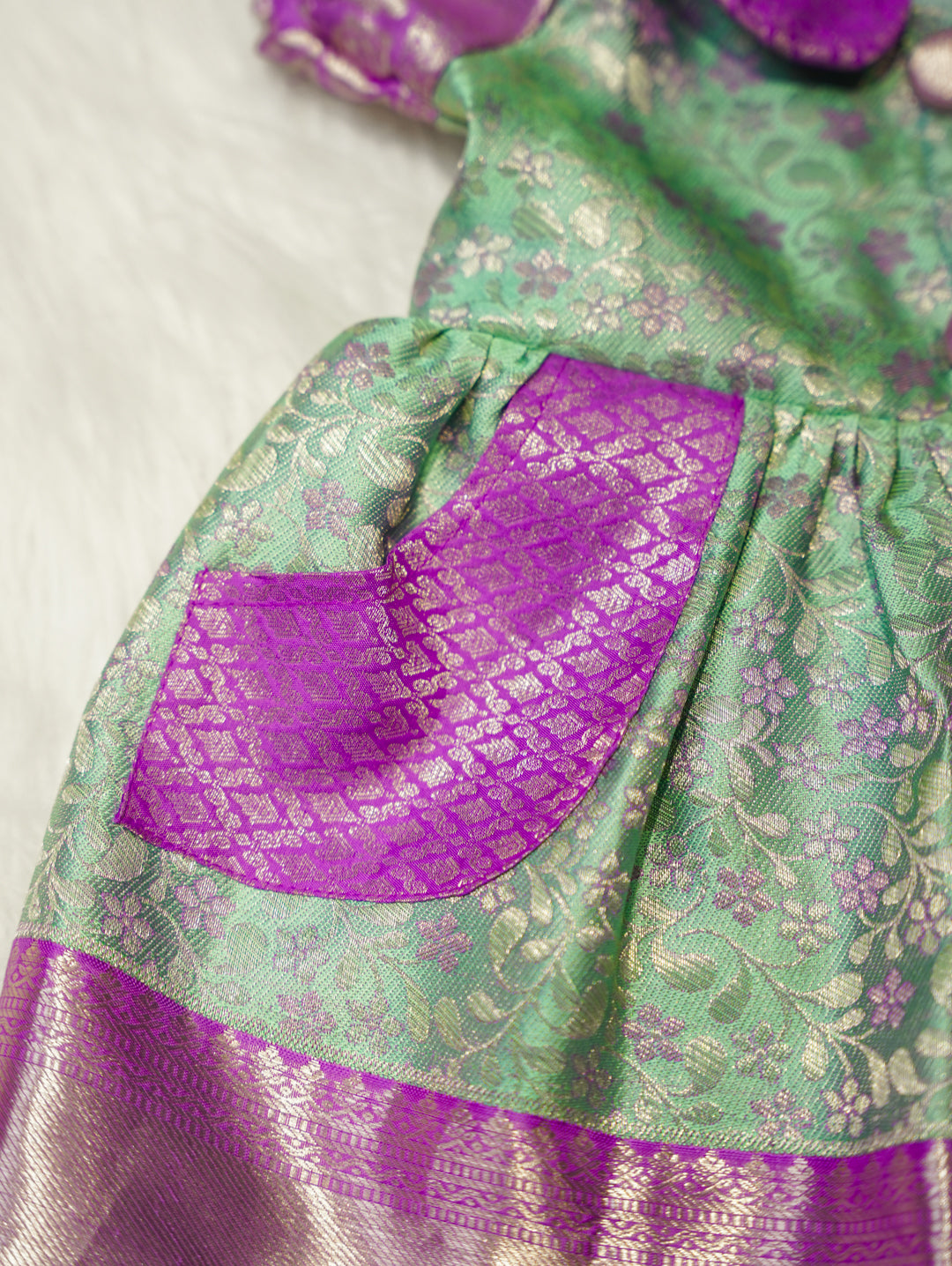 Mint Green & Lavender Baby Silk Frock — Pure Kanchipuram Silk (0–1 Year)