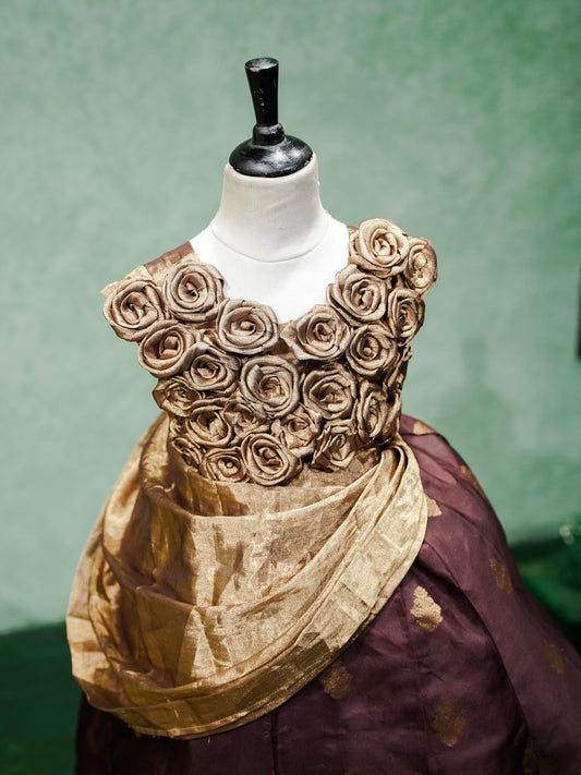 Rosette Embellished Plum Silk Party Gown
