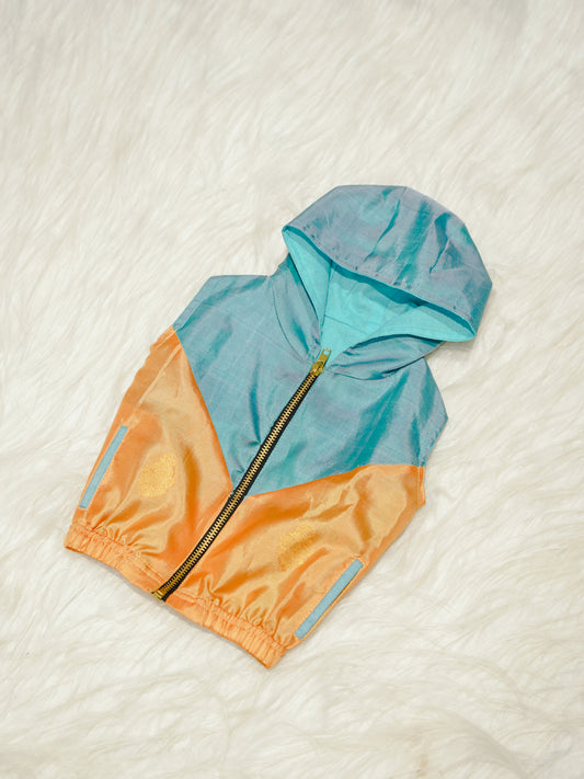 Sky Blue Newborn Hooded Jacket with Zari Motifs