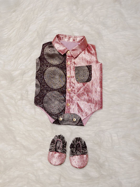 Pink Brown Boy Romper with Zari Panel