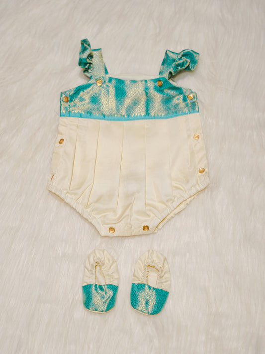 Cream & Teal Kanchipuram Silk Baby Romper Set with Shoes