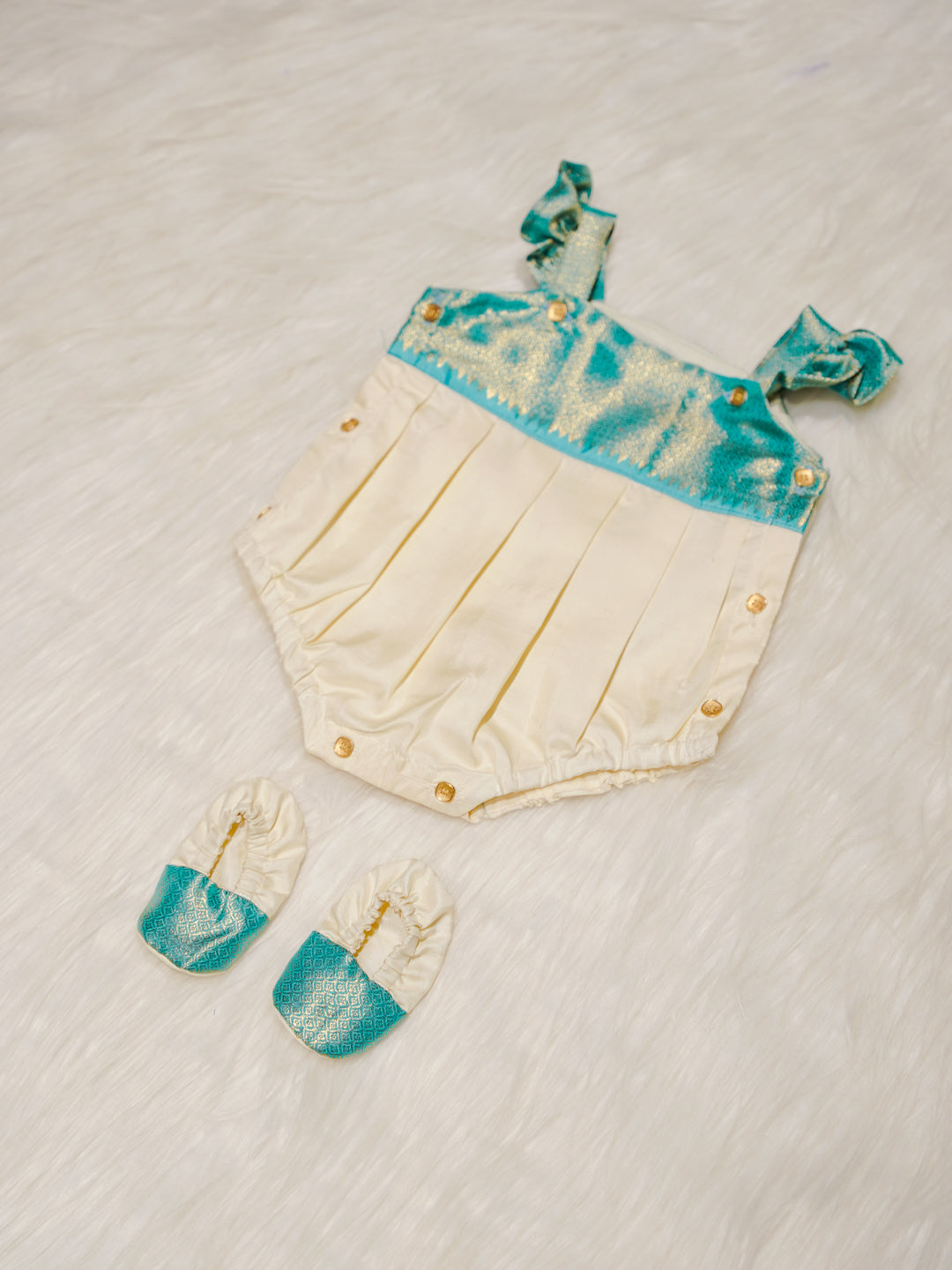 Cream & Teal Kanchipuram Silk Baby Romper Set with Shoes