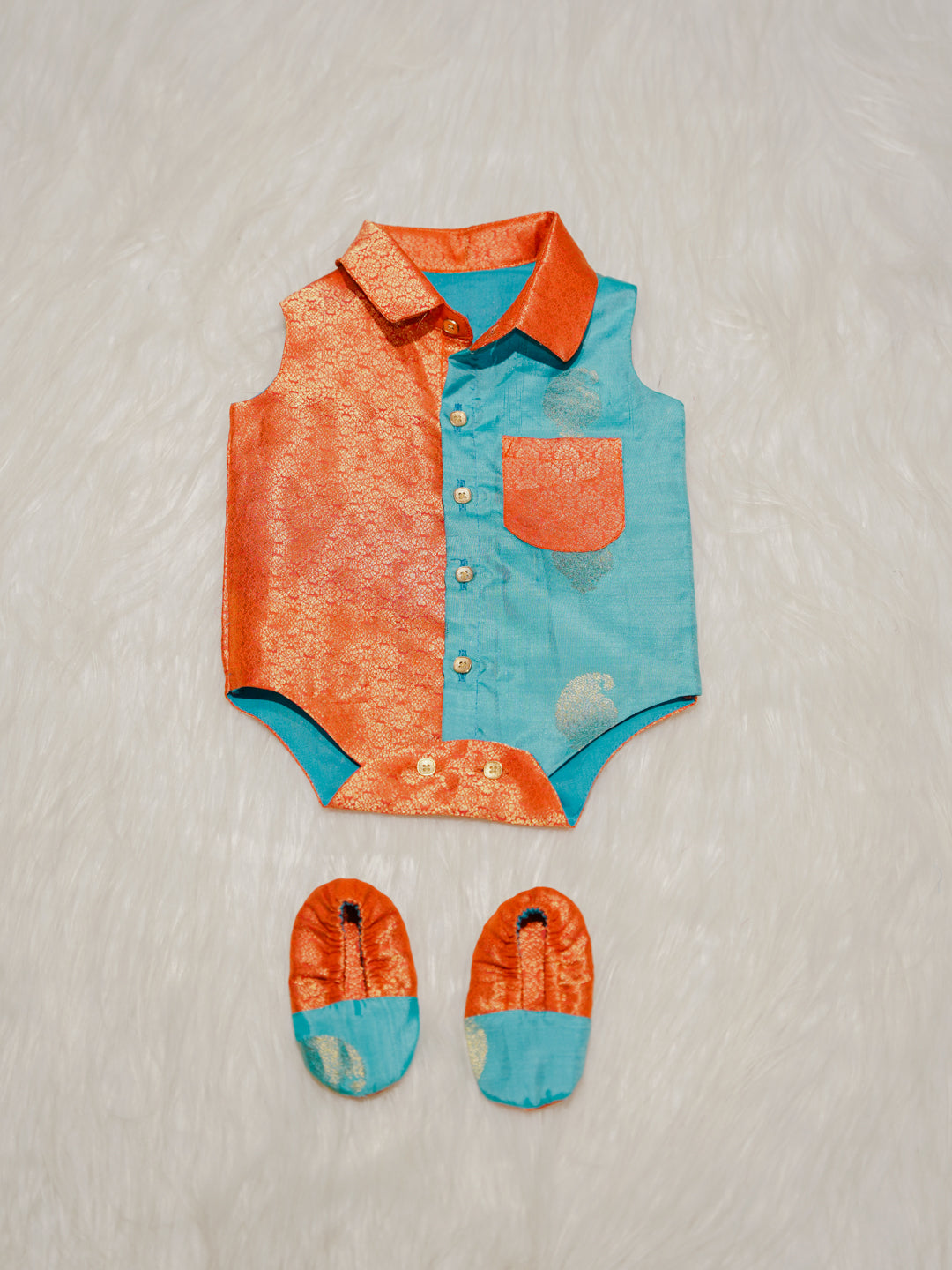 Orange Blue Boy Romper with Contrast Panel