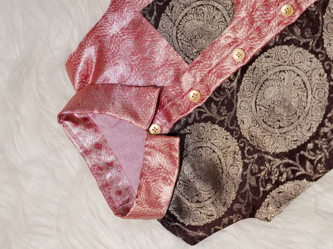 Pink Brown Boy Romper with Zari Panel