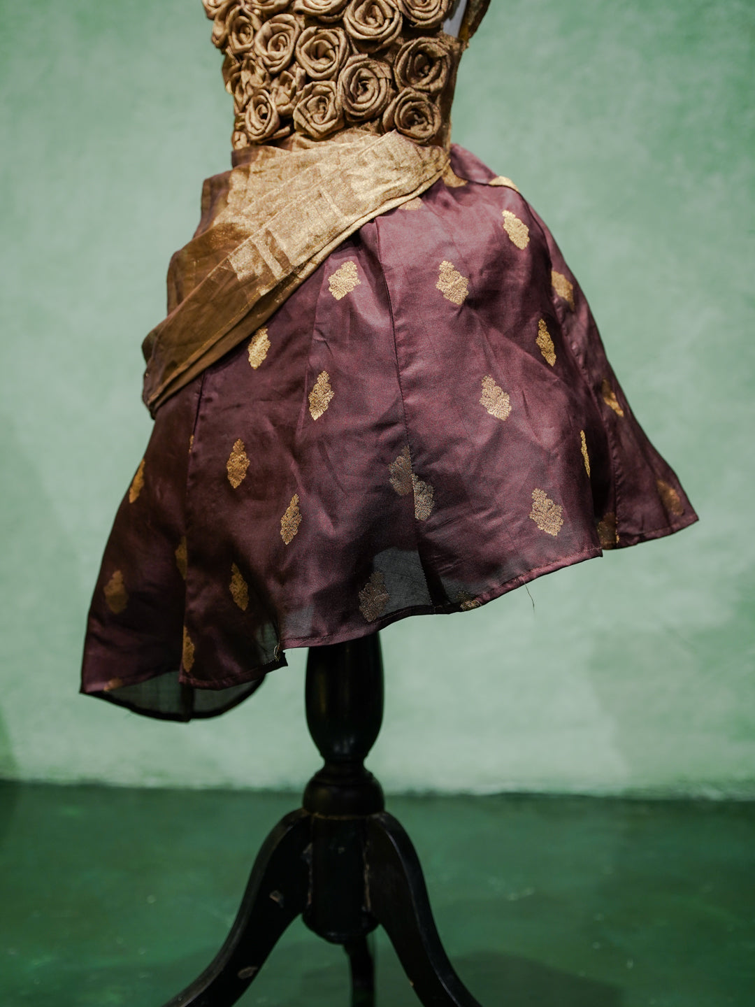 Rosette Embellished Plum Silk Party Gown