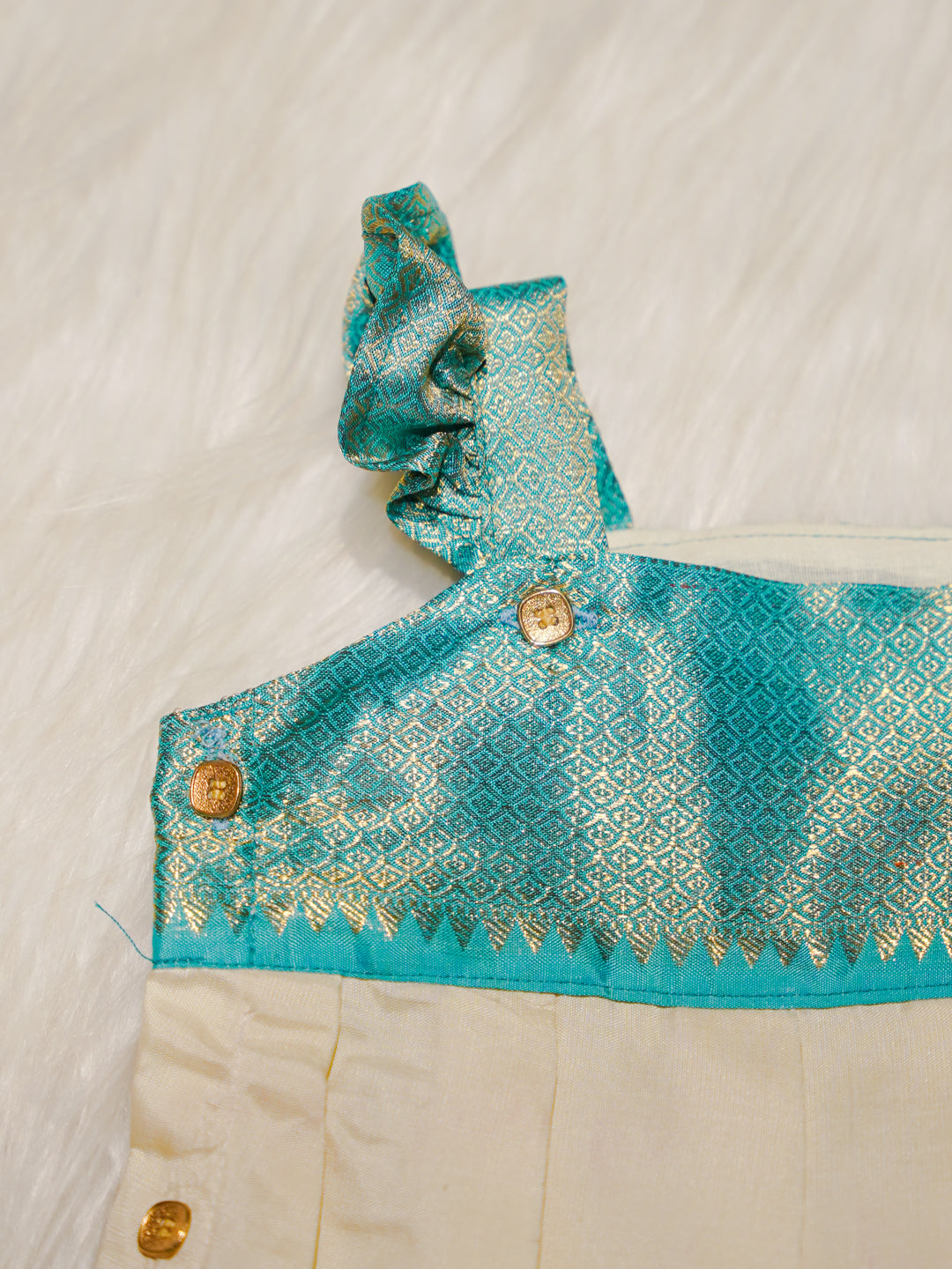 Cream & Teal Kanchipuram Silk Baby Romper Set with Shoes