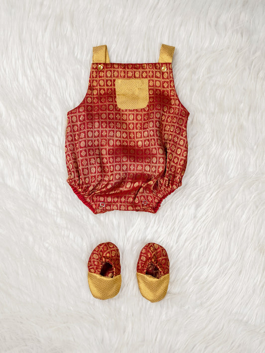 Aarav Royal Red Silk Romper Set